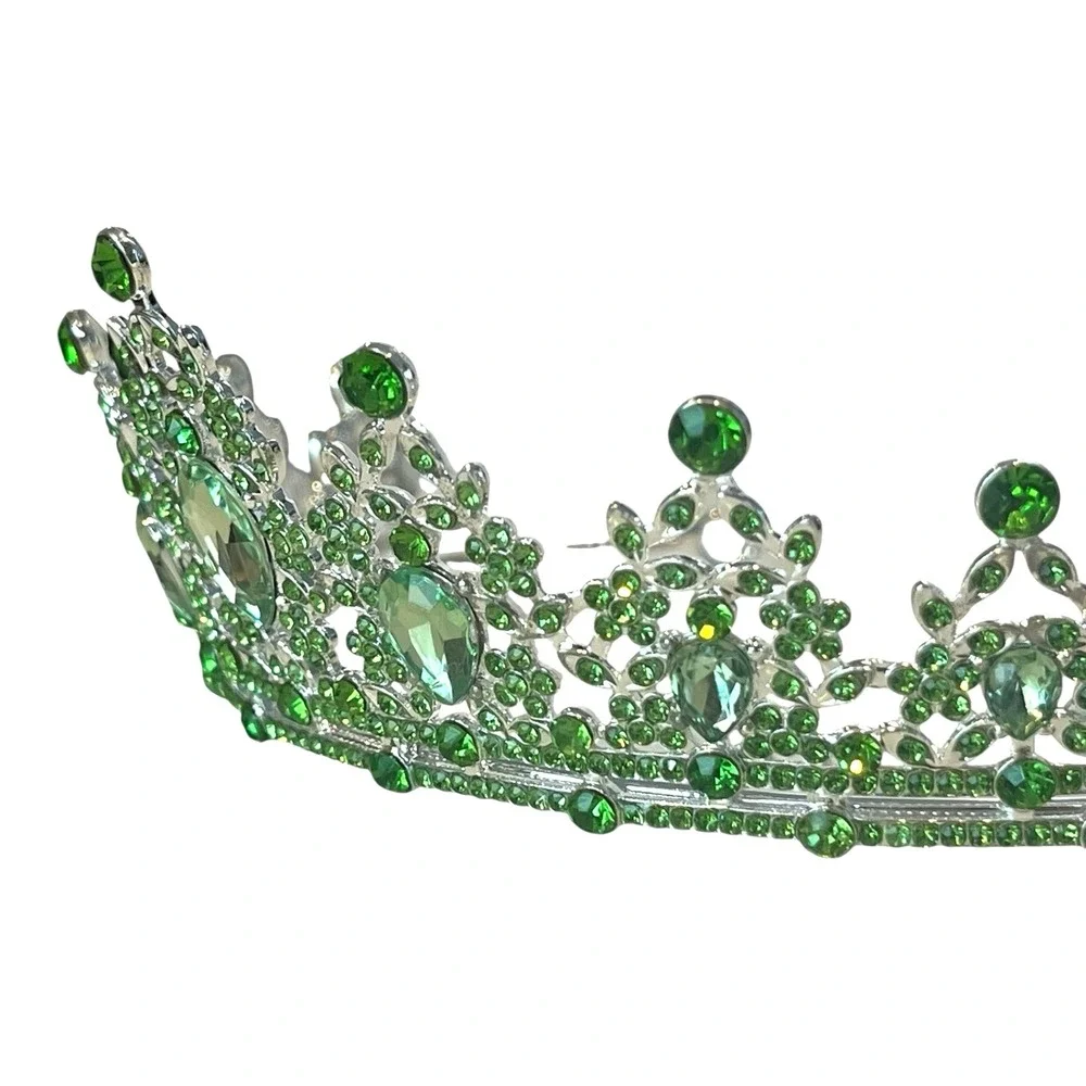 New Beautiful Silver Tone Green Rhinestone Tiara Crown Queen Pageant Birthday